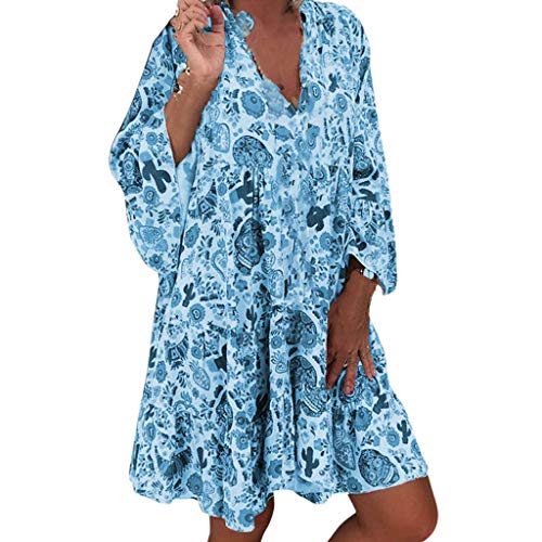 Sommerkleid Damen, Sommerkleid Damen Midi Blumenkleid Langarm V Ausschnitt Tunikakleid Sommerkleider Blumen Druck Boho Kleider Damen Sommer Leicht Blusenkleid Strandkleid Freizeitkleid von Generic