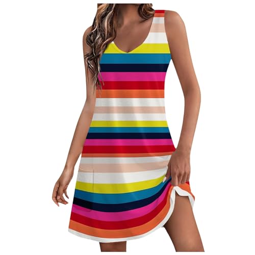 Sommerkleid Damen, Sommerkleider Damen Leicht und Luftig Knielang Strandkleid Gestreift Farbblock Ärmellos V Ausschnitt Tank Top Kleider Teenager Mädchen Sommer Strandkleide Minikleid von Generic