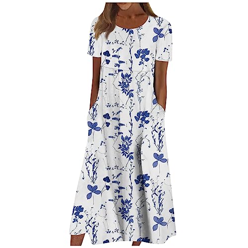 Sommerkleid Damen, Strandkleid Damen Kleid Boho Kleid Weiss Damen Sommer Mit Ärmel Sommerkleid Lang Maxikleid Plus Size Wickelrock Gesmoktes Sommerkleid Vintage Enge Kleider (A16,3XL) von Generic