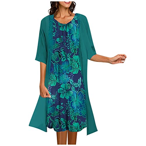 Sommerkleid Damen, Wickelkleid Damen Mittelalter Kleid Damen A Linien Kleid Damen Sommer Kleid Zweiteiler Mit Cover Up Chiffon Cardigan, Bedrucktes Tank Top Kleid Set Cocktailkleider (Grün,3XL) von Generic