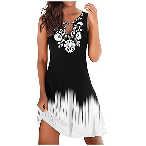 Sommerkleid Damen,Kleider Damen Sommer,Sommerkleid Knielang Strandkleid ÄRmellos Swing Tunika LäSsiges Kleider Sexy Elegant Boho Blusenkleid Sommer Lockeres Kleid Blumendruck (Y1-White, XXL) von Generic