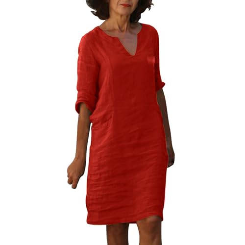 Sommerkleid Damen 3/4 Arm| Leinen Kleider |Leicht Casual Midikleid V-Ausschnitt A-Linie Freizeitkleid Luftige Vintage Strandkleid Kuschelig Hemdkleid Knielang Kleid Frauen Rot von Generic