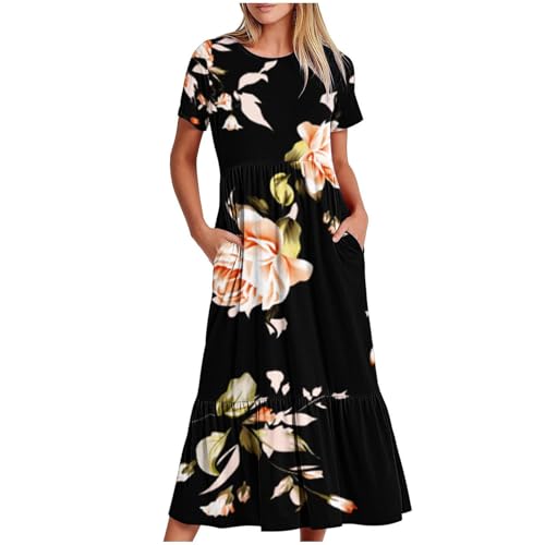 Sommerkleid Damen Abendkleid Satinkleid Kleider festlich Etuikleid Damen Sommer Mittelalter Cocktailkleid Kurzarm Swing Freizeitkleid Große Größen Strandkleid(A1 H,5XL) von Generic