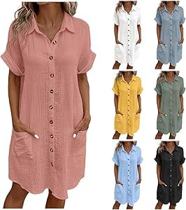 Sommerkleid Damen Baumwolle Musselin Blusenkleid Button Down Leinenkleid Strandkleid Casual V-Ausschnitt Minikleid Kurzarm große größen Kleid Freizeitkleid Boho Kleid Knielang Hemdblusenkleid von Generic