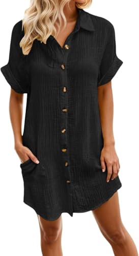 Sommerkleid Damen Baumwolle Musselin Blusenkleid Button Down Leinenkleid Strandkleid Casual V-Ausschnitt Minikleid Kurzarm große größen Kleid Freizeitkleid Boho Kleid Knielang Hemdblusenkleid von Generic
