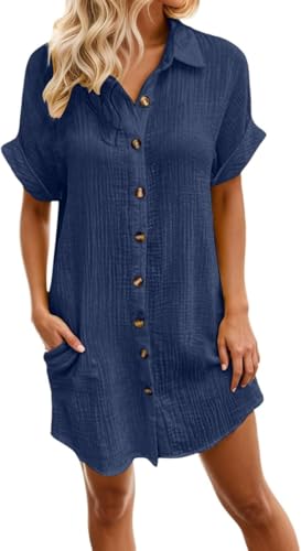 Sommerkleid Damen Baumwolle Musselin Blusenkleid Button Down Leinenkleid Strandkleid Casual V-Ausschnitt Minikleid Kurzarm große größen Kleid Freizeitkleid Boho Kleid Knielang Hemdblusenkleid von Generic