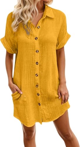 Sommerkleid Damen Baumwolle Musselin Blusenkleid Button Down Leinenkleid Strandkleid Casual V-Ausschnitt Minikleid Kurzarm große größen Kleid Freizeitkleid Boho Kleid Knielang Hemdblusenkleid von Generic
