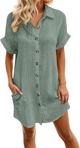 Sommerkleid Damen Baumwolle Musselin Blusenkleid Button Down Leinenkleid Strandkleid Casual V-Ausschnitt Minikleid Kurzarm große größen Kleid Freizeitkleid Boho Kleid Knielang Hemdblusenkleid von Generic