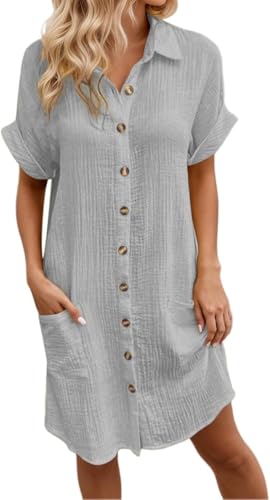 Sommerkleid Damen Baumwolle Musselin Blusenkleid Button Down Leinenkleid Strandkleid Casual V-Ausschnitt Minikleid Kurzarm große größen Kleid Freizeitkleid Boho Kleid Knielang Hemdblusenkleid von Generic