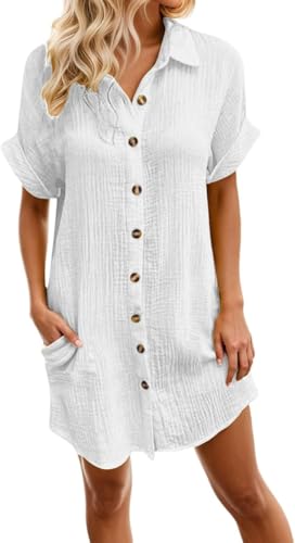 Sommerkleid Damen Baumwolle Musselin Blusenkleid Button Down Leinenkleid Strandkleid Casual V-Ausschnitt Minikleid Kurzarm große größen Kleid Freizeitkleid Boho Kleid Knielang Hemdblusenkleid von Generic