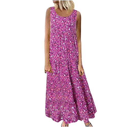 Sommerkleid Damen Boho Blumendruck Strandkleid Lang Maxikleid Rundhals Ärmelloses Freizeitkleid A-Linie Lose Kleid Blumenkleid Sexy Tank Kleider Sommer Mode Partykleid Streetwear Panzerkleid Vestkleid von Generic