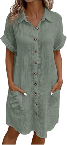 Sommerkleid Damen Button Down Leinenkleid Strandkleid Long Knopfleiste Knielang Strandkleid Einfarbig Komfortabel Boho Blusenkleid Casual V-Ausschnitt Minikleid Kurzarm A-Linie Kleid von Generic