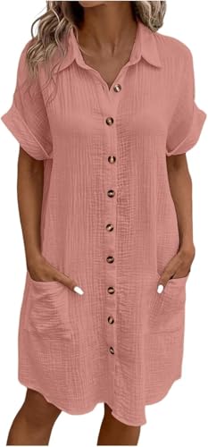 Sommerkleid Damen Button Down Leinenkleid Strandkleid Long Knopfleiste Knielang Strandkleid Einfarbig Komfortabel Boho Blusenkleid Casual V-Ausschnitt Minikleid Kurzarm A-Linie Kleid von Generic