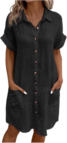 Sommerkleid Damen Button Down Leinenkleid Strandkleid Long Knopfleiste Knielang Strandkleid Einfarbig Komfortabel Boho Blusenkleid Casual V-Ausschnitt Minikleid Kurzarm A-Linie Kleid von Generic