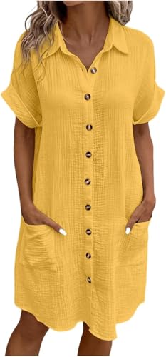 Sommerkleid Damen Button Down Leinenkleid Strandkleid Long Knopfleiste Knielang Strandkleid Einfarbig Komfortabel Boho Blusenkleid Casual V-Ausschnitt Minikleid Kurzarm A-Linie Kleid von Generic