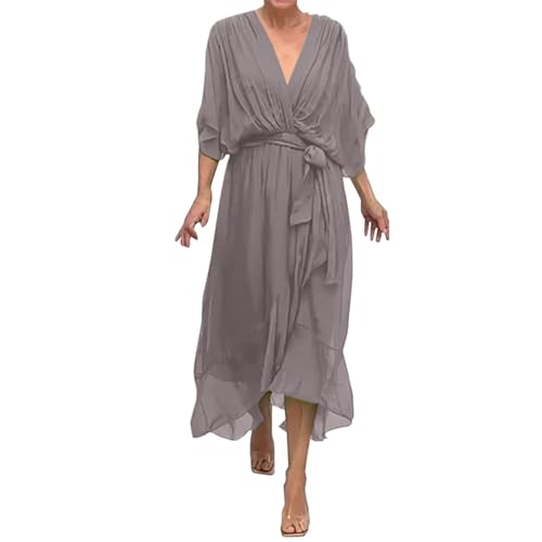 Sommerkleid Damen Chiffon Wickelkleid Damen Sommer Cocktailkleid Abendkleid Kurz Festkleid Midikleid Damen A Linie Kleid Freizeitkleid Elegant Kleid Festlich Damen Hochzeitsgast(Grey,L) von Generic