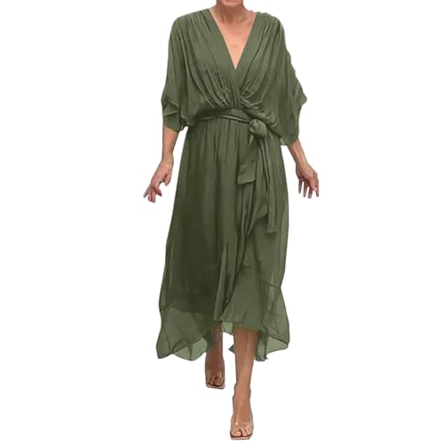 Sommerkleid Damen Chiffon Wickelkleid Damen Sommer Cocktailkleid Abendkleid Kurz Festkleid Midikleid Damen A Linie Kleid Freizeitkleid Elegant Kleid Festlich Damen Hochzeitsgast(Grün,XXL) von Generic