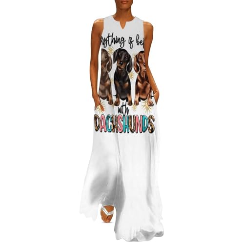 Sommerkleid Damen Damen Maxikleid Sommer Ärmellos Aus Leichtem Polyester Mit Taschen, Für Strand, Urlaub Und Freizeit Hund Mit Geneigtem Kopf von Generic