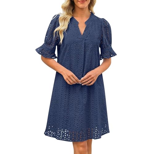 Sommerkleid Damen Elegant Casual V-Ausschnitt Kurzarm Einfarbig Freizeitkleid Knielang Tunika Kleider Leicht Luftig Shirtkleid mit Taschen Blusenkleid Gerader Schnitt Damenkleid Strandkleid von Generic