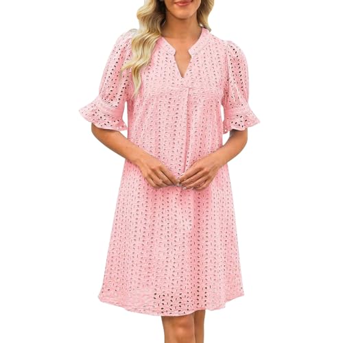 Sommerkleid Damen Elegant Casual V-Ausschnitt Kurzarm Einfarbig Freizeitkleid Knielang Tunika Kleider Leicht Luftig Shirtkleid mit Taschen Blusenkleid Gerader Schnitt Damenkleid Strandkleid von Generic