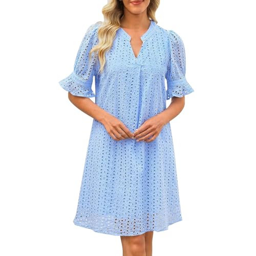 Sommerkleid Damen Elegant Casual V-Ausschnitt Kurzarm Einfarbig Freizeitkleid Knielang Tunika Kleider Leicht Luftig Shirtkleid mit Taschen Blusenkleid Gerader Schnitt Damenkleid Strandkleid von Generic