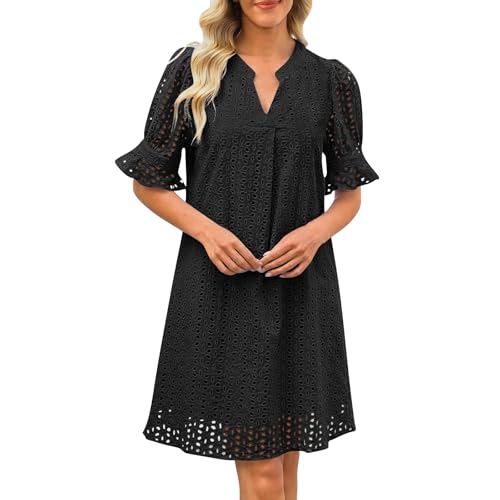 Sommerkleid Damen Elegant Casual V-Ausschnitt Kurzarm Einfarbig Freizeitkleid Knielang Tunika Kleider Leicht Luftig Shirtkleid mit Taschen Blusenkleid Gerader Schnitt Damenkleid Strandkleid von Generic