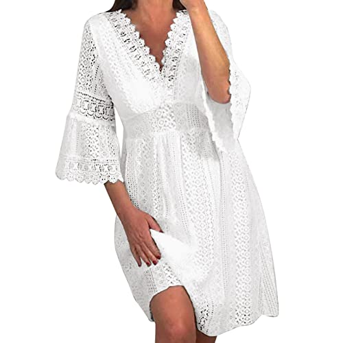 Sommerkleid Damen Elegant Festlich Knielang Spitzenkleid Tief V-Ausschnitt 3/4 Ärmel T-Shirt Kleid Hohe Taille Rüschen Tunika Freizeitkleid Mode Lose Boho Strandkleider Partykleid von Generic