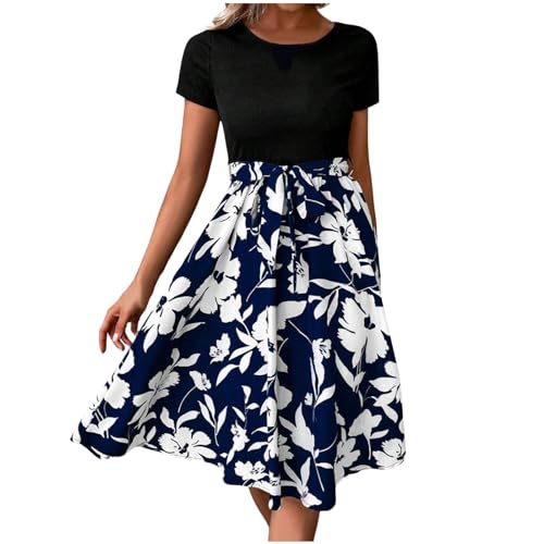 Sommerkleid Damen Elegant Knielang Kleid 2 in 1 Kurzarm Rundhals T-Shirt Kleider Blumenmuster Tunika Freizeitkleid Mode Lose Blusenkleid Partykleid Strandkleider von Generic