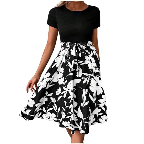 Sommerkleid Damen Elegant Knielang Kleid 2 in 1 Kurzarm Rundhals T-Shirt Kleider Blumenmuster Tunika Freizeitkleid Mode Lose Blusenkleid Partykleid Strandkleider von Generic