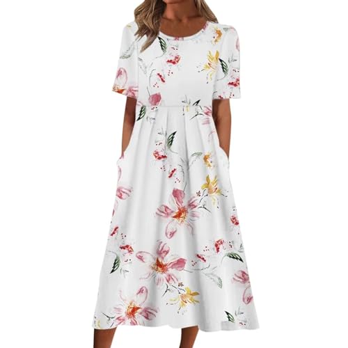 Sommerkleid Damen Elegant Rundhalsausschnitt Kurzarm Taillenkleid Maxikleid Blusenkleid Casual Blumen Drucken Freizeitkleid Strandkleider Große Größen Kleid A-Linie Lang Kleid von Generic