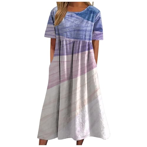 Sommerkleid Damen Elegant Rundhalsausschnitt Kurzarm Taillenkleid Maxikleid Blusenkleid Casual Blumen Drucken Freizeitkleid Strandkleider Große Größen Kleid A-Linie Lang Kleid von Generic