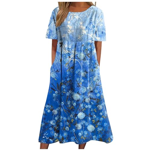 Sommerkleid Damen Elegant Rundhalsausschnitt Kurzarm Taillenkleid Maxikleid Blusenkleid Casual Blumen Drucken Freizeitkleid Strandkleider Große Größen Kleid A-Linie Lang Kleid von Generic