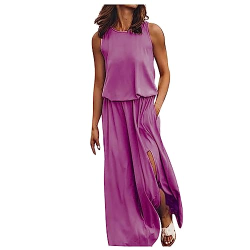 Sommerkleid Damen Elegant Sommerkleid Damen Lang Boho Locker Rundhals Tanktop Kleid Damen Maxikleider Damen Sommer mit Taschen Sommerkleid Damen Leicht und Luftig Tunika Kleid Damen Violett L von Generic