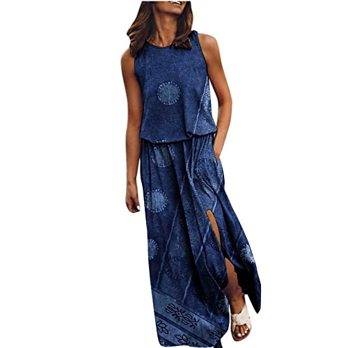 Sommerkleid Damen Elegant Tunika Kleid Boho Strandkleid Blumenkleid Rundhals Maxikleid Freizeitkleid Ärmellos Schulterfrei Tank Kleider Festlich Ballkleid Partykleid Streetwear Panzerkleid Damenkleid von Generic