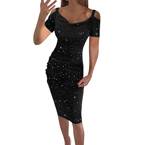 Sommerkleid Damen Elegant V-Ausschnitt Glitzer Bodycon Kleid Knielang Enges Wickelkleid Schultern Kurzarm Minikleid T Shirt Kleid Mode Einfachheit Partykleid Freizeitkleider(A Schwarz,XL) von Generic