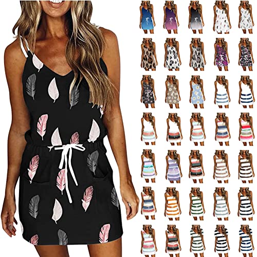 Sommerkleid Damen Fashion Strandkleid Gestreiftes Gürtelkleid Sexy Slingkleid Taschen Minikleid V-Ausschnitt Sundress Bequemes Boho Kleid Urlaub Hawaii Kleid Elegantes Abschlusskleid Club Partykleid von Generic