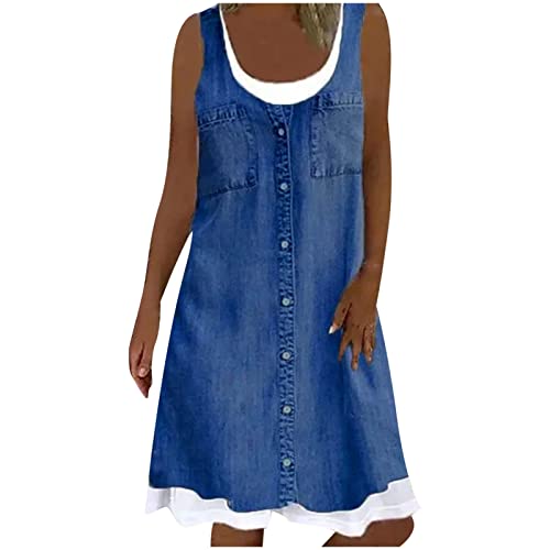 Sommerkleid Damen Faux Jeanskleid Knielang Strandkleid Hawaii Minikleid Mädchen Coaktailkleid Abschlusskleid Imitation Denim Druck Kleider Ärmelloses Trägerkleid Lässiges Boho Kleid Sexy Partykleid von Generic