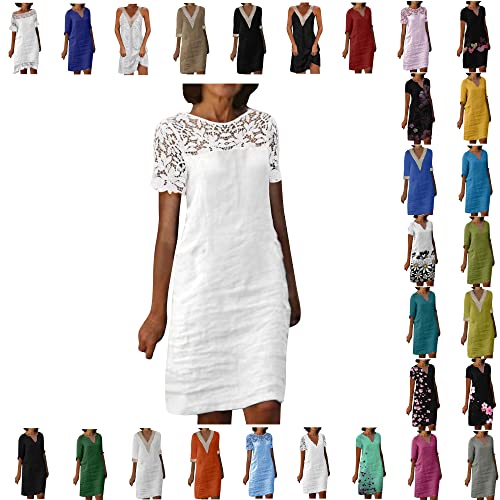 Sommerkleid Damen Gutschein Leinenkleid Damen Sommer V-Ausschnitt Kurzarm Midikleid Knielang Leinenkleider Baumwolle Leinen Blusenkleid Casual Drucken Freizeitkleid Strandkleider Kleid A-Linie Kleid von Generic