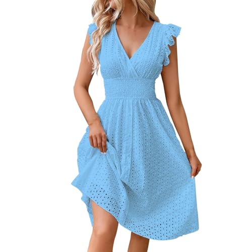 Sommerkleid Damen Kleid festlich Einfarbig Spitze Hohl V-Ausschnitt Rüschen Kurze Ärmel Mini t Shirt(Himmelblau, S) von Generic