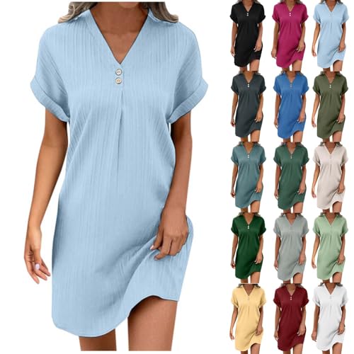Sommerkleid Damen Kleider Baumwolle Leinen Sommerkleider Kurzarm Strandkleid Elegant Einfarbig Summer Dress V-Ausschnitt Tankkleid Tshirt Kleid Leicht Und Luftig Freizeitkleider von Generic