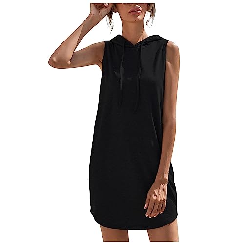 Sommerkleid Damen Kleider Elegant Damen Sexy Einfarbig Ärmellos Hoodies Sweatshirt mit Kapuze Kordelzug Kurz Freizeitkleid T-Shirt Kleider Sommer Casualkleid Shirtkleid Gerades Kleid Bodycon Kleid von Generic