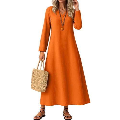 Sommerkleid Damen Kleider Sommer Casual V-Ausschnitt Lang Ärmel Freizeitkleid 3/4 Ärm Strandkleider Herbst Langes Kleid mit Taschen,Orange,L von Generic
