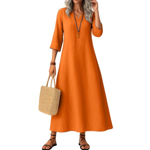 Sommerkleid Damen Kleider Sommer Casual V-Ausschnitt Lang Ärmel Freizeitkleid 3/4 Ärm Strandkleider Herbst Langes Kleid mit Taschen,Orange,L von Generic