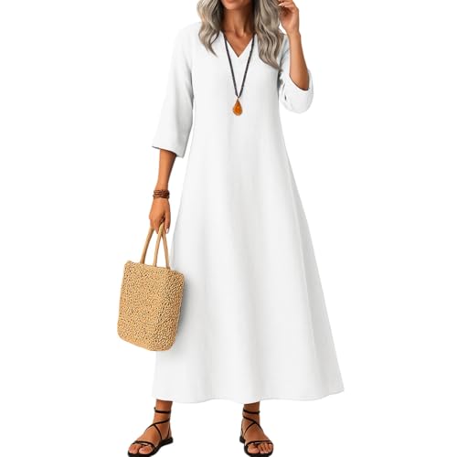 Sommerkleid Damen Kleider Sommer Casual V-Ausschnitt Lang Ärmel Freizeitkleid 3/4 Ärm Strandkleider Herbst Langes Kleid mit Taschen,Weiß,L von Generic