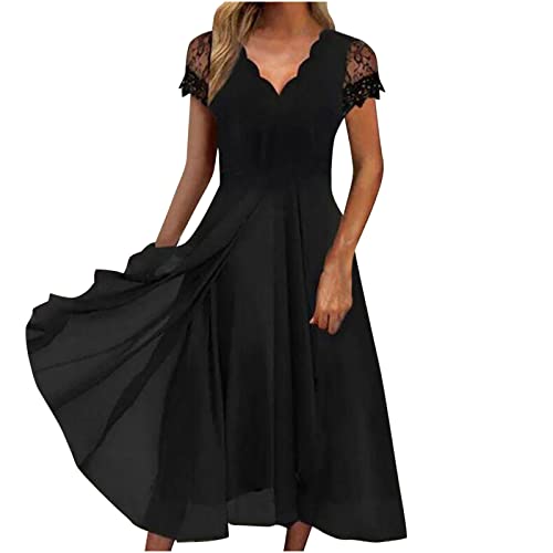 Sommerkleid Damen Knielang A-Line Kleider Elegant Einfarbig Cocktailkleid Chiffon Kleid Sexy V-Ausschnitt Partykleid mit Spizen Kurzarm Abendkleid Hoch Taille Vintage Swing Brautkleid von Generic