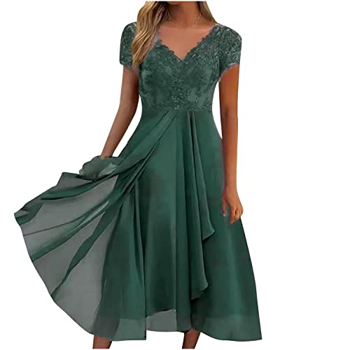 Sommerkleid Damen Knielang A-Line Kleider Elegant Einfarbig Cocktailkleid Chiffon Sommer Kleid V-Ausschnitt Freizeitkleid Kurzarm Sommerkleider Hoch Taille Vintage Partykleid von Generic