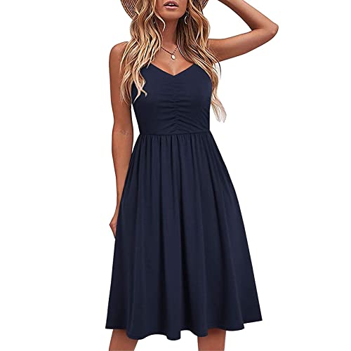 Sommerkleid Damen Knielang A Linien Plissee Trägerkleid Ärmellos Swing Strandkleid Spaghettiträger Tank Kleid Sommer Minikleid Skaterkleid Einfarbig Freizeitkleid Summer Dress Partykleid S-2XL von Generic