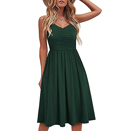 Kleid A Linie Damen Elegant Kurz Sommerkleid Rückenfrei Spaghettiträger-Kleid Plissee Swing Strandkleid Modern Fit Blumenkleid Sommerkleider Damen Leicht und Luftig Minikleid von Generic