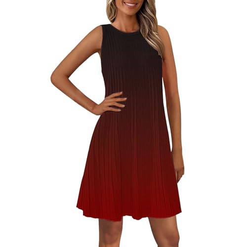 Sommerkleid Damen Knielang Ärmelloses Strandkleid Leicht Bequem Freizeitkleid Boho Tank Kleid Plissee Trägerkleid Loose Tunika Blusenkleid Luftig Damenkleid Swing Midikleid Farbverlauf von Generic