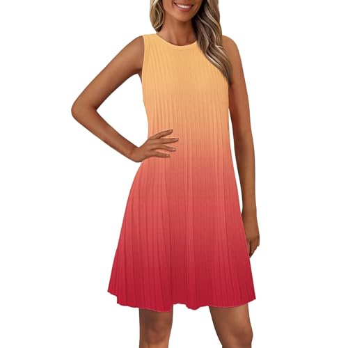 Sommerkleid Damen Knielang Ärmelloses Strandkleid Leicht Bequem Freizeitkleid Boho Tank Kleid Plissee Trägerkleid Loose Tunika Blusenkleid Luftig Damenkleid Swing Midikleid Farbverlauf von Generic